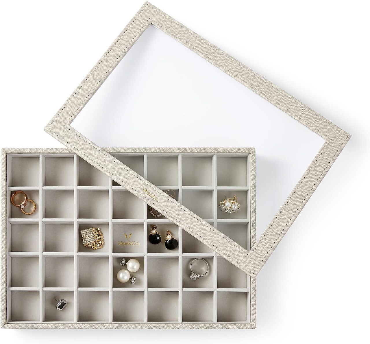 Stackable Jewelry Tray with Stalinite Lid, High-Capacity Jewelry Display Showcase Organizer Holder for Necklace, Bracelet, Ring, Earring (35 Gird, Grey)